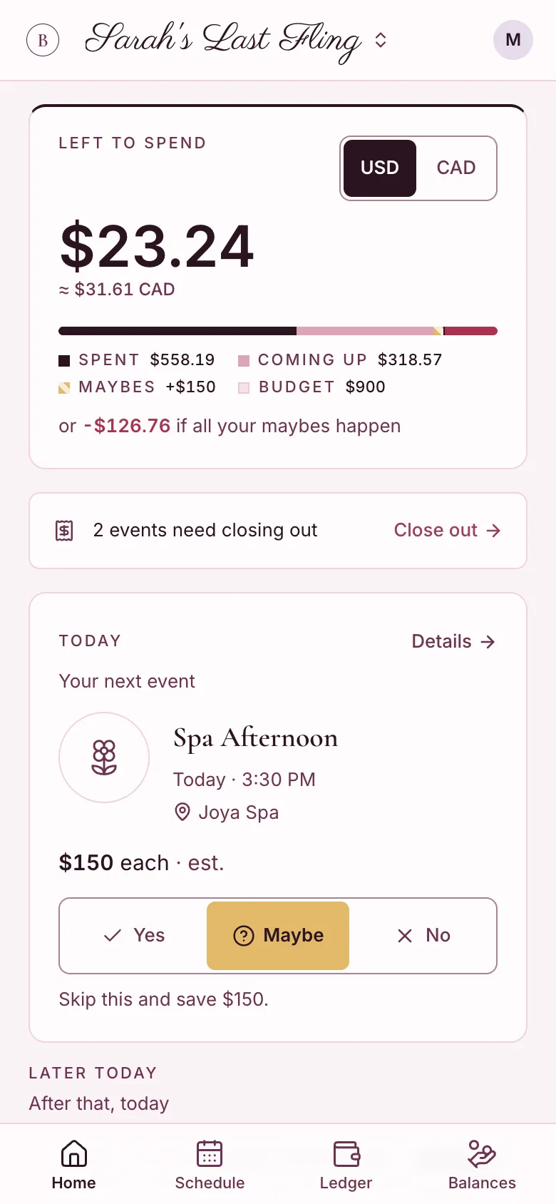 The Bachledger party home on a phone: a left-to-spend total of $23.24 with spent, coming up and maybe amounts, and the next event with Yes, Maybe and No buttons.